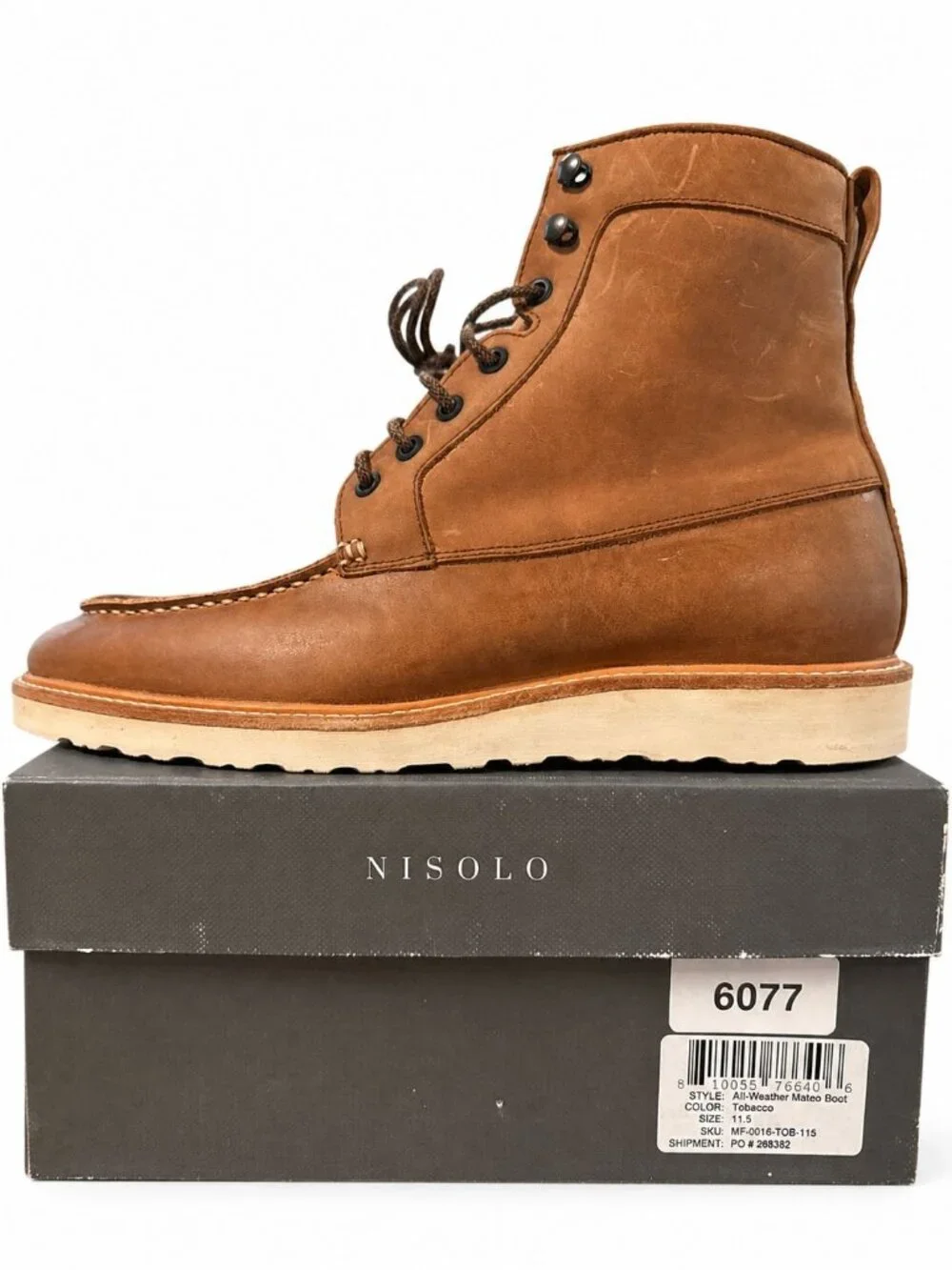 Nisolo Men's 11.5 All Weather Leather Moc Toe Wedge Sole Boots Tobacco New